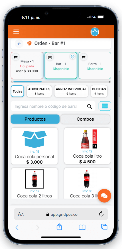 Interfaz móvil de pedidos